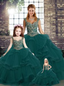 High Class Peacock Green Lace Up Quinceanera Dresses Beading and Ruffles Sleeveless Floor Length