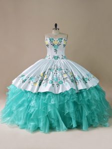 Floor Length Blue And White Quinceanera Gowns Organza Sleeveless Embroidery and Ruffles