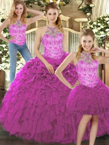 Fantastic Organza Halter Top Sleeveless Lace Up Beading and Ruffles Sweet 16 Dresses in Fuchsia