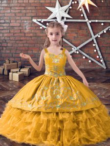 Straps Sleeveless Lace Up Pageant Gowns For Girls Gold Satin and Organza