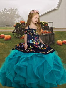 Excellent Straps Sleeveless Kids Pageant Dress Floor Length Embroidery and Ruffles Teal Tulle