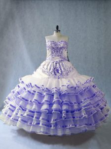 Traditional Floor Length Lace Up Quinceanera Gown Lavender for Sweet 16 and Quinceanera with Embroidery and Ruffled Layers