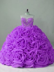 Top Selling Lavender Sleeveless Fabric With Rolling Flowers Brush Train Lace Up Sweet 16 Quinceanera Dress for Sweet 16 and Quinceanera