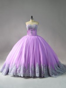 Free and Easy Lilac Ball Gowns Tulle Sweetheart Sleeveless Appliques Lace Up Quinceanera Gowns Court Train