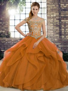 Customized Sleeveless Beading and Ruffles Lace Up Sweet 16 Dress with Orange Brush Train