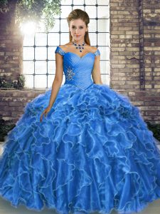 Perfect Sleeveless Organza Brush Train Lace Up 15th Birthday Dress in Blue with Beading and Ruffles