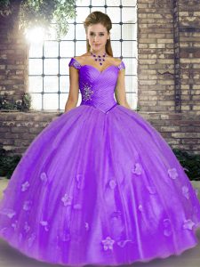 Lavender Off The Shoulder Lace Up Beading and Appliques 15 Quinceanera Dress Sleeveless