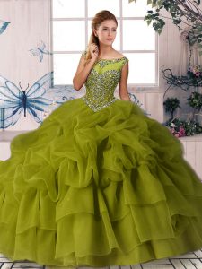 Great Brush Train Ball Gowns Sweet 16 Dress Olive Green Scoop Organza Sleeveless Zipper