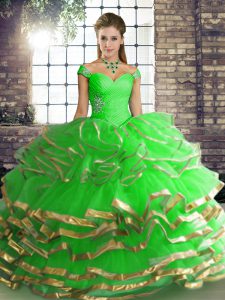 Shining Off The Shoulder Sleeveless Lace Up Vestidos de Quinceanera Green Tulle