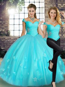 High Quality Aqua Blue Sleeveless Floor Length Beading and Appliques Lace Up Quinceanera Gowns
