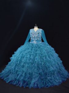 Free and Easy Beading and Ruffled Layers Ball Gown Prom Dress Teal Lace Up Long Sleeves Floor Length