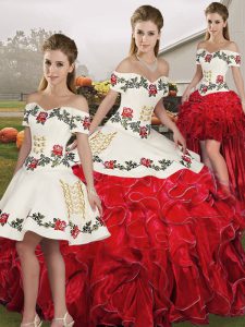 Charming White And Red Organza Lace Up Off The Shoulder Sleeveless Floor Length Sweet 16 Dresses Embroidery and Ruffles