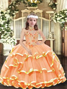 Sleeveless Lace Up Floor Length Appliques and Ruffled Layers Kids Pageant Dress