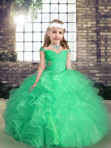 Latest Beading and Ruffles and Ruching Little Girl Pageant Gowns Apple Green Lace Up Sleeveless Floor Length