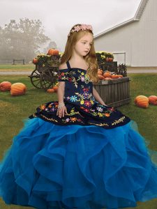 Blue Ball Gowns Tulle Straps Sleeveless Embroidery and Ruffles Floor Length Lace Up Little Girl Pageant Dress