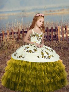 Fantastic Ball Gowns Pageant Dress for Teens Olive Green Straps Organza Sleeveless Floor Length Lace Up