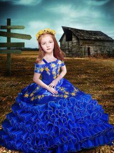 Adorable Royal Blue Short Sleeves Floor Length Embroidery and Ruffled Layers Lace Up Kids Formal Wear