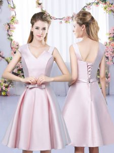 Shining Baby Pink Asymmetric Neckline Bowknot Quinceanera Dama Dress Sleeveless Lace Up
