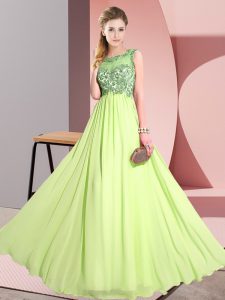 Traditional Sleeveless Chiffon Floor Length Backless Vestidos de Damas in Yellow Green with Beading and Appliques