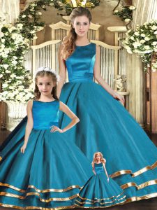 Teal Tulle Lace Up Sweet 16 Dresses Sleeveless Floor Length Ruffled Layers