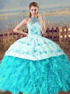 Aqua Blue Lace Up Halter Top Embroidery and Ruffles Quinceanera Dresses Organza Sleeveless Court Train