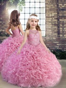 Pink Sleeveless Fabric With Rolling Flowers Lace Up Little Girls Pageant Dress for Party and Wedding Party