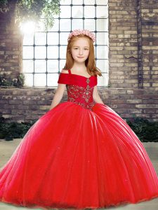 Exquisite Red Ball Gowns Tulle Straps Sleeveless Beading Lace Up Little Girls Pageant Dress Wholesale Brush Train