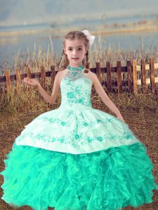 Elegant Turquoise Lace Up Halter Top Beading and Embroidery and Ruffles Little Girls Pageant Dress Organza Sleeveless