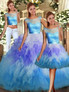 Scoop Sleeveless Tulle Quinceanera Dresses Lace and Ruffles Backless