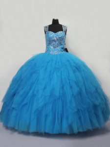 Amazing Straps Sleeveless Tulle Womens Party Dresses Beading and Ruffles Lace Up