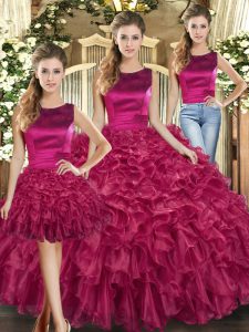 Perfect Sleeveless Floor Length Ruffles Lace Up Quinceanera Dress with Fuchsia