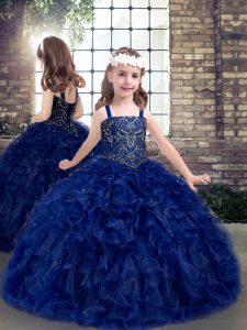 Charming Blue Ball Gowns Beading and Ruffles Little Girl Pageant Dress Lace Up Organza Sleeveless Floor Length
