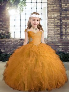 High Class Gold Straps Lace Up Beading and Ruffles Little Girl Pageant Gowns Sleeveless