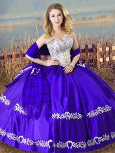 Beauteous Sleeveless Satin Floor Length Lace Up Quinceanera Dresses in Blue with Beading and Embroidery