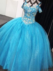 Decent Ball Gowns Ball Gown Prom Dress Baby Blue Straps Tulle Sleeveless Floor Length Lace Up
