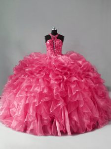 Top Selling Hot Pink Zipper Halter Top Beading and Ruffles Quince Ball Gowns Organza Sleeveless