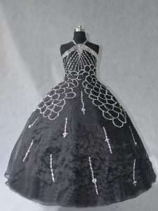 Flirting Black Ball Gowns Halter Top Sleeveless Organza Floor Length Lace Up Beading Ball Gown Prom Dress