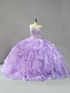 Chic Organza Sleeveless Quince Ball Gowns Brush Train and Beading and Ruffles