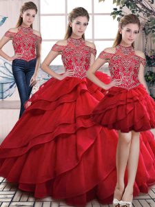 Red Three Pieces Organza High-neck Sleeveless Beading and Ruffles Floor Length Lace Up Ball Gown Prom Dress