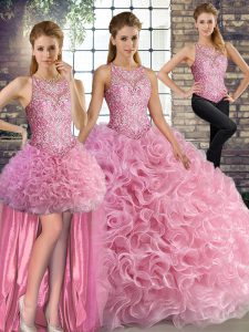Fabric With Rolling Flowers Scoop Sleeveless Lace Up Beading Quinceanera Dress in Rose Pink