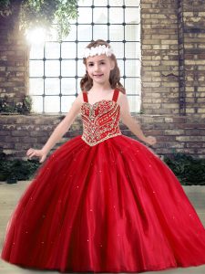 Cheap Ball Gowns Little Girls Pageant Dress Red Straps Tulle Sleeveless Floor Length Lace Up