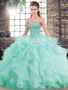 Sleeveless Tulle Brush Train Lace Up Sweet 16 Quinceanera Dress in Apple Green with Beading and Ruffles