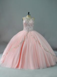Perfect Sleeveless Beading Lace Up Vestidos de Quinceanera with Peach