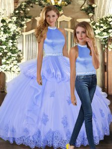 Traditional Lavender Two Pieces Halter Top Sleeveless Tulle Floor Length Backless Beading and Appliques Quince Ball Gowns