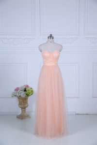 Peach Tulle Zipper Dama Dress for Quinceanera Sleeveless Floor Length Ruching