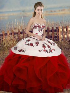 Suitable White And Red Tulle Lace Up 15 Quinceanera Dress Sleeveless Floor Length Embroidery and Ruffles and Bowknot