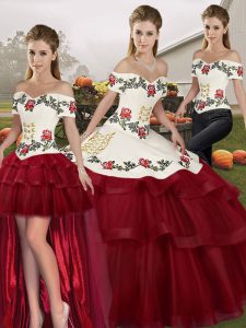 Wine Red Sleeveless Brush Train Embroidery and Ruffled Layers Vestidos de Quinceanera