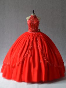 Discount Red Ball Gowns Tulle Halter Top Sleeveless Appliques Floor Length Lace Up Quinceanera Dress