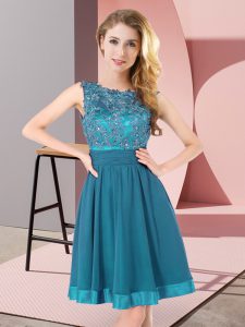 Mini Length Teal Quinceanera Court Dresses Scoop Sleeveless Backless