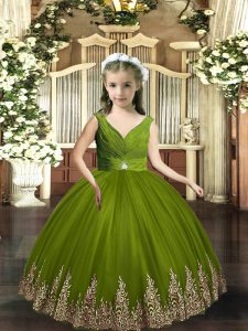 Stunning Sleeveless Tulle Floor Length Backless Girls Pageant Dresses in Olive Green with Embroidery